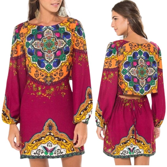 FARM Rio Dresses & Skirts - Farm Rio Backless Low Back Tie Paisley Floral Sheath Dress Long Sleeve Women’s M